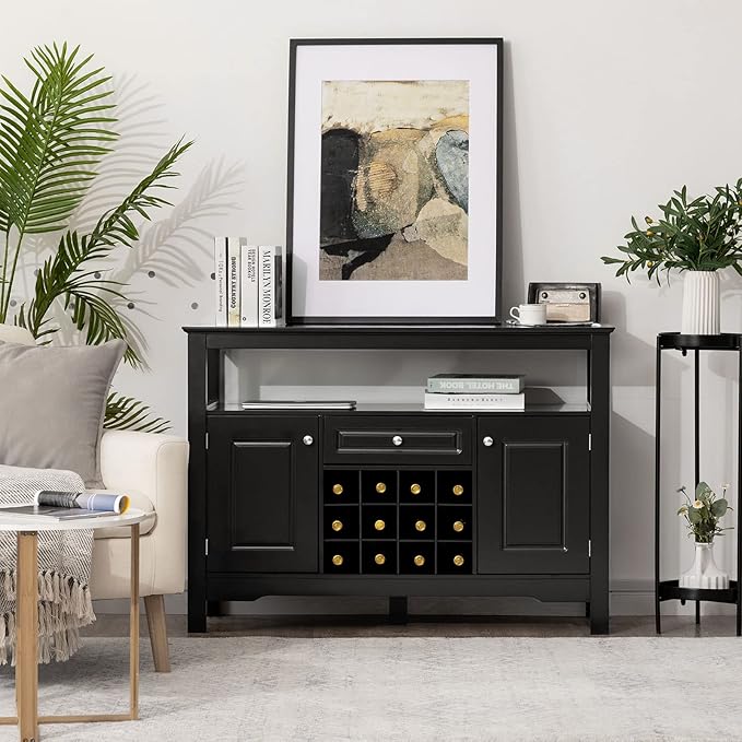 Credenza Moderna con Tanto Spazio, Credenza Cucina con Porta Bottiglie di Vino a Forma Incrociata, Mensola Aperta, 2 Armadietti e Cassetto, 117 x 40,5 x 82,5 cm (Nero)