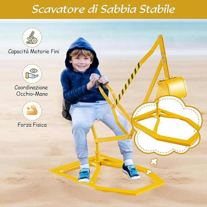 Escavatore Giocattolo per Bambini, Ruspa Cavalcabile con Controlli a 2 Mani e Pala Flessibile, Sedile Girevole a 360°, Ruspa Giocattolo per Esterni, 3 Anni+ (con Base Giallo)