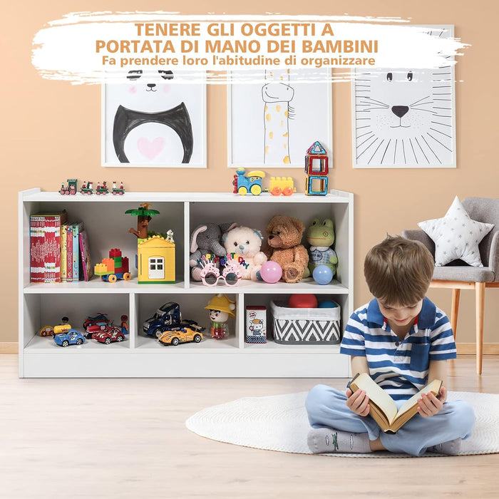 Libreria per Bambini e Organizer Giocattoli, Scaffale di Legno Con 5 Scompartimenti, Per Stanza dei Giochi Camera Dei Bambini Angolo di Lettura Classe Scuola Materna (Bianco)