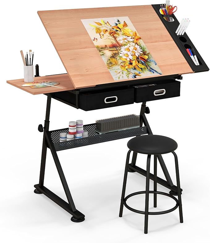 Tavolo da Disegno Scrivania per Arte con Cassetti e Sgabello, Regolabile in Altezza ed inclinabile (naturale)