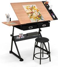 Tavolo da Disegno Scrivania per Arte con Cassetti e Sgabello, Regolabile in Altezza ed inclinabile (naturale)