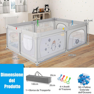 Recinto per Bambini, Box per Bambini con Rete Traspirante, Centro Attività per Bambini con 50 Palline, Box Giochi per Bambini 0-3 Anni (Pinguini, 206 x 147 cm)