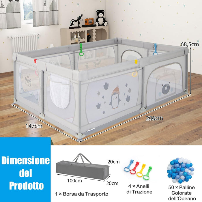 Recinto per Bambini, Box per Bambini con Rete Traspirante, Centro Attività per Bambini con 50 Palline, Box Giochi per Bambini 0-3 Anni (Pinguini, 206 x 147 cm)