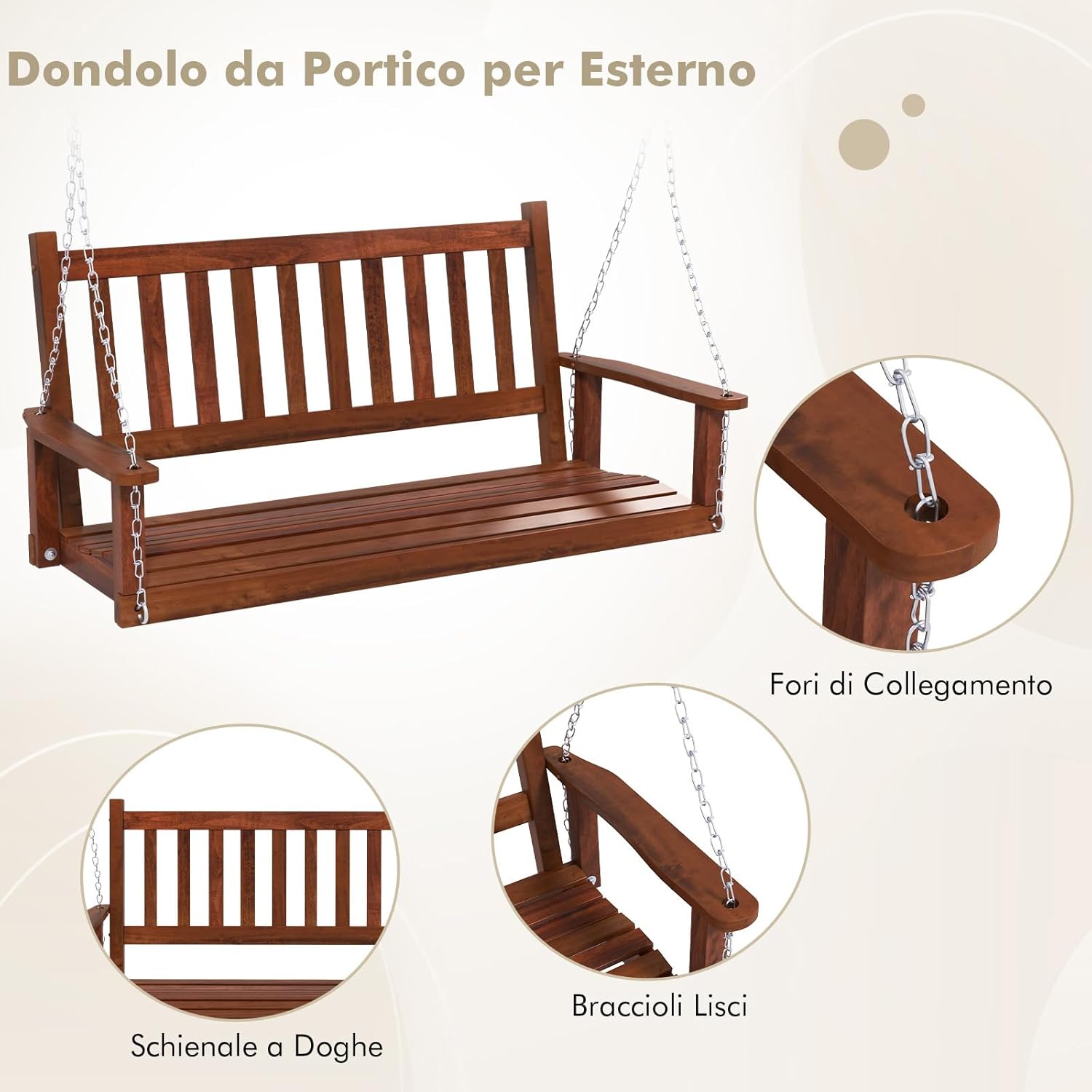 Altalena da Giardino in Legno per 2 Persone, Panchina Sospese in Legno con Capacità di Peso di 230 kg, Sedia a Dondolo per Giardino, Cortile (136 x 67 x 63 cm, Marrone)