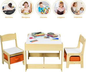 Tavolino Bambini 3 in 1, Set Tavolo e Sedie per Bambini con Lavagna Rimovibile e 2 Sedie con Cestini Portaoggetti, Scrivania Multiuso per Cameretta e Soggiorno (Legno)