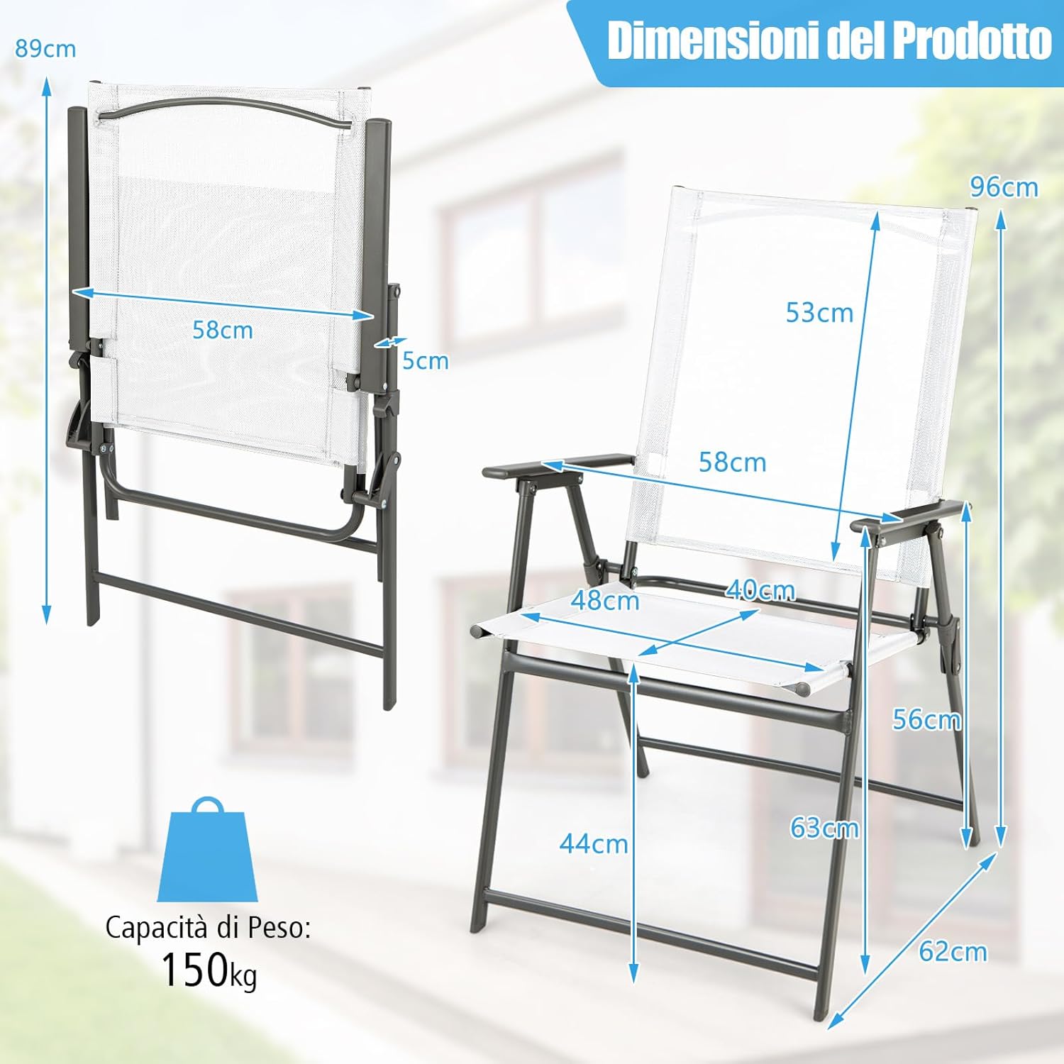 Set di 2/4 Sedie Pieghevoli da Giardino in Textilene, Sedie da Esterno con Schienale Alto, Poltrona Portatile per Giardino Campeggio Patio, Portata 150 kg (4, Bianco, 62 x 58 x 96 cm)