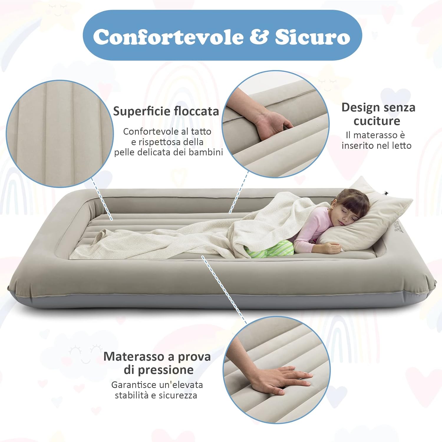 Letto Gonfiabile per Bambini in Viaggio, Set di Materasso Ad Aria Portatile con Pompa Elettrica, Letto Gonfiabile con Barriere Laterali Alte, 165x118x20 cm, Carico150 kg (Grigio)