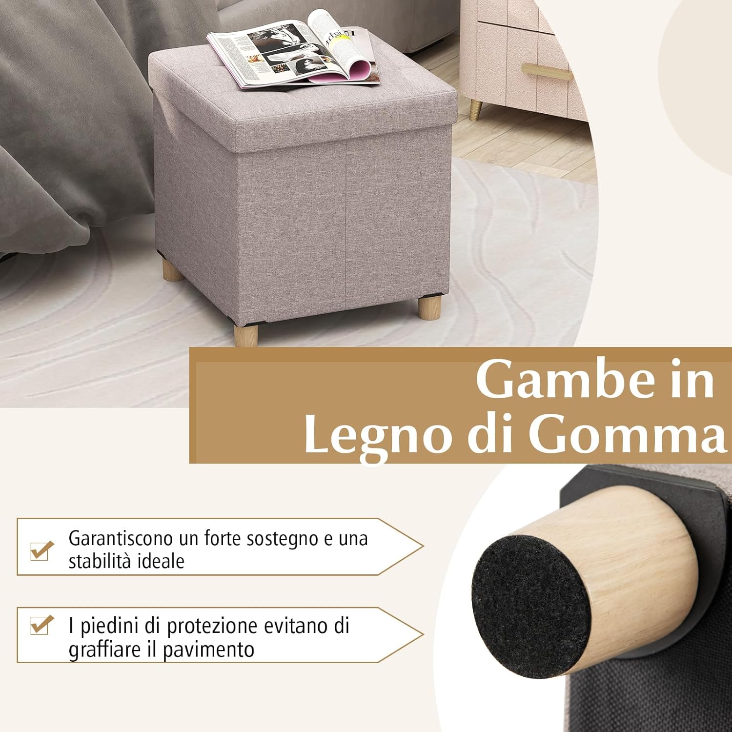Pouf Contenitore da 45 cm, Sgabello con Vassoio e Gambe in Legno di Gomma, Poggiapiedi Imbottito, Sgabello per Scarpe Quadrato per Soggiorno, Portata 150 kg (Beige)