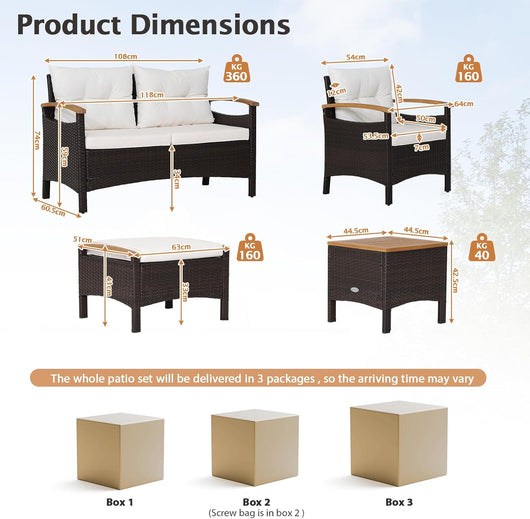 Soggiorno esterno 4/6 Persone in Rattan, mobile con 2 tavolini in legno, sedie, sgabelli e divano