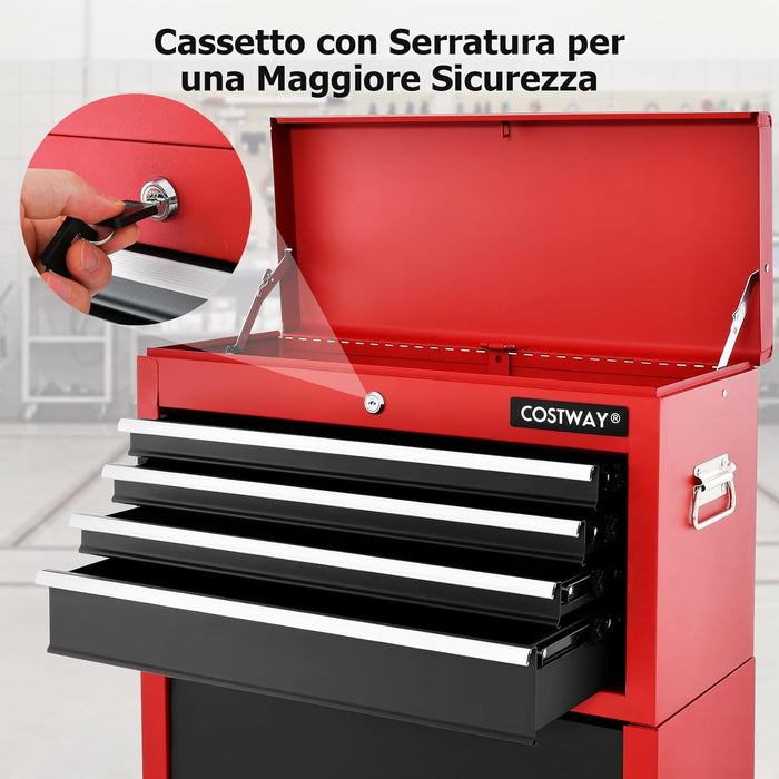 Cassettiera Portautensili a 6 Cassetti, Carrello per Attrezzi con Ruote Bloccabili, con Ripiano rimovibile e Serratura, 61,5 x 33 x 132 cm (Nero+Rosso)