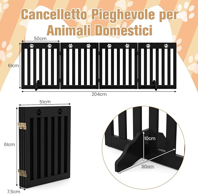 Cancelletto di Sicurezza Pieghevole, Barriera per Animali Domestici, in Legno, 4 Pannelli, 203 x 60 x 1,5 cm (Marrone)