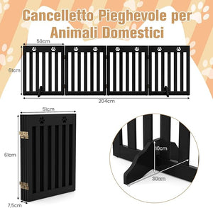 Cancelletto di Sicurezza Pieghevole, Barriera per Animali Domestici, in Legno, 4 Pannelli, 203 x 60 x 1,5 cm (Marrone)