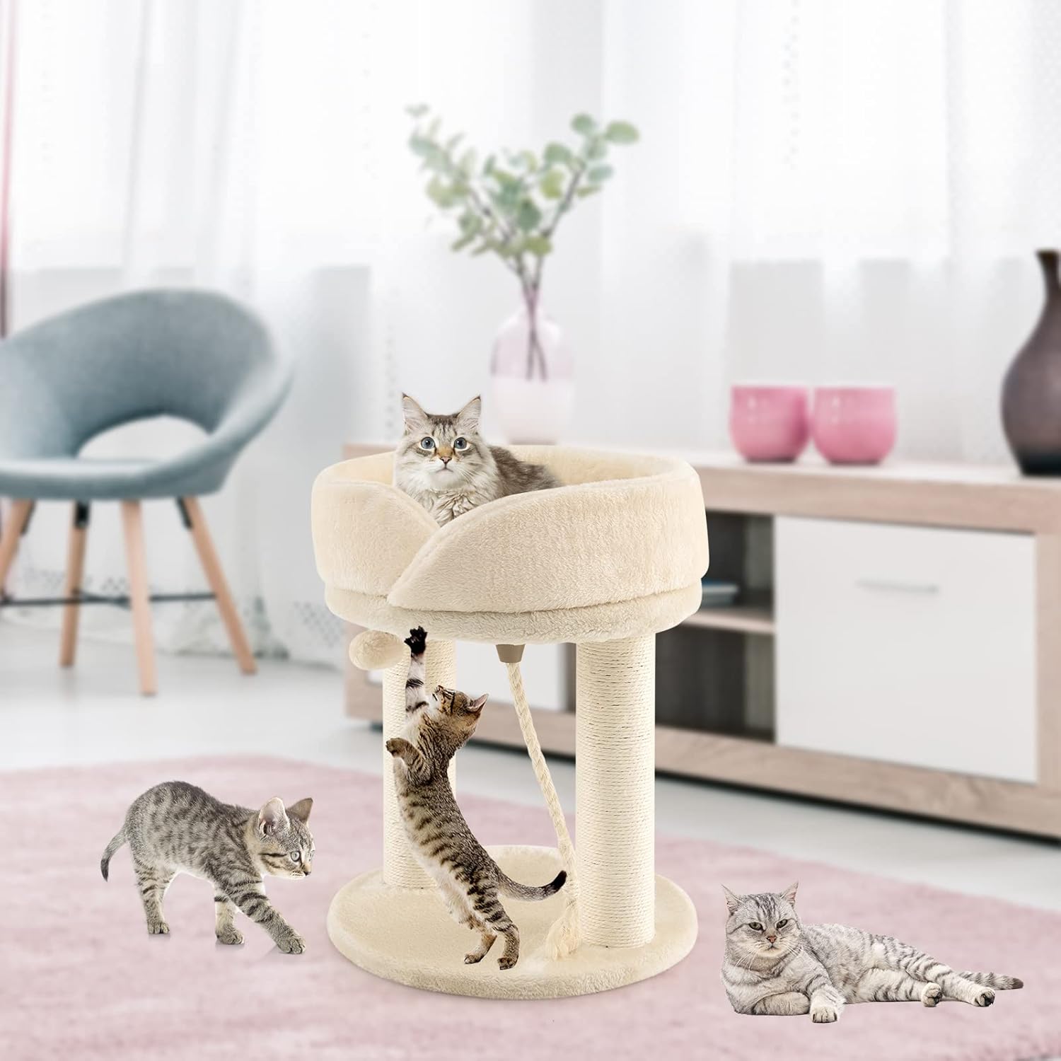 Tiragraffi per Gatti, Albero Tiragraffi Gatto con Cuccia in Peluche, Pallina, Corde e Tiragraffi in Sisal, Tiragraffi da Divano in Legno per Gatti Piccoli, 43 x 43 x 53 cm (Beige)