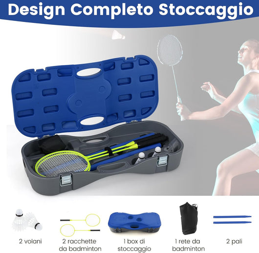 Set di Badminton con Rete, Racchette, 2 Volani e Scatola di Conservazione, Set di Badminton Portatile per 2 Giocatori da Esterno per Bambini, Ragazzi e Adulti