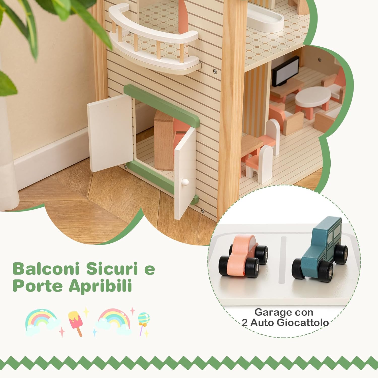Casa delle Bambole ad Angolo in Legno, Casa delle Bambole a 3 Piani con 36 Mobili e Accessori, 6 Stanze, Balconi e Garage, per bambini 3 Anni+, 87 x 37 x 83 cm
