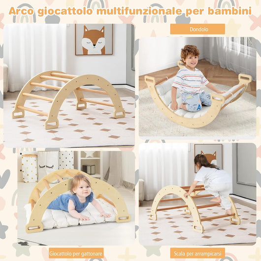 Arco da Arrampicata per Bambini, 2 in 1 Altalena ad Arco in Legno con Cuscino Morbido, Doppia Faccia, Ideale per Bambini 1+ Anni (Naturale)