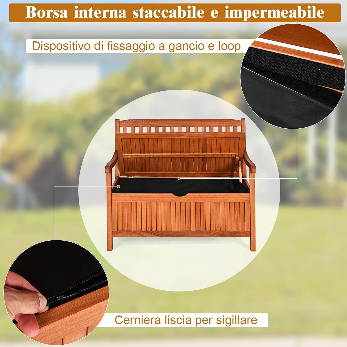 Panchina da Giardino con Contenitore di Legno, Cassapanca da Esterno 2 Posti con Strato Interno Impermeabile, per Cortile e Ingresso, Portata 360 kg, 107 x 59 x 90 cm (Modello 2)
