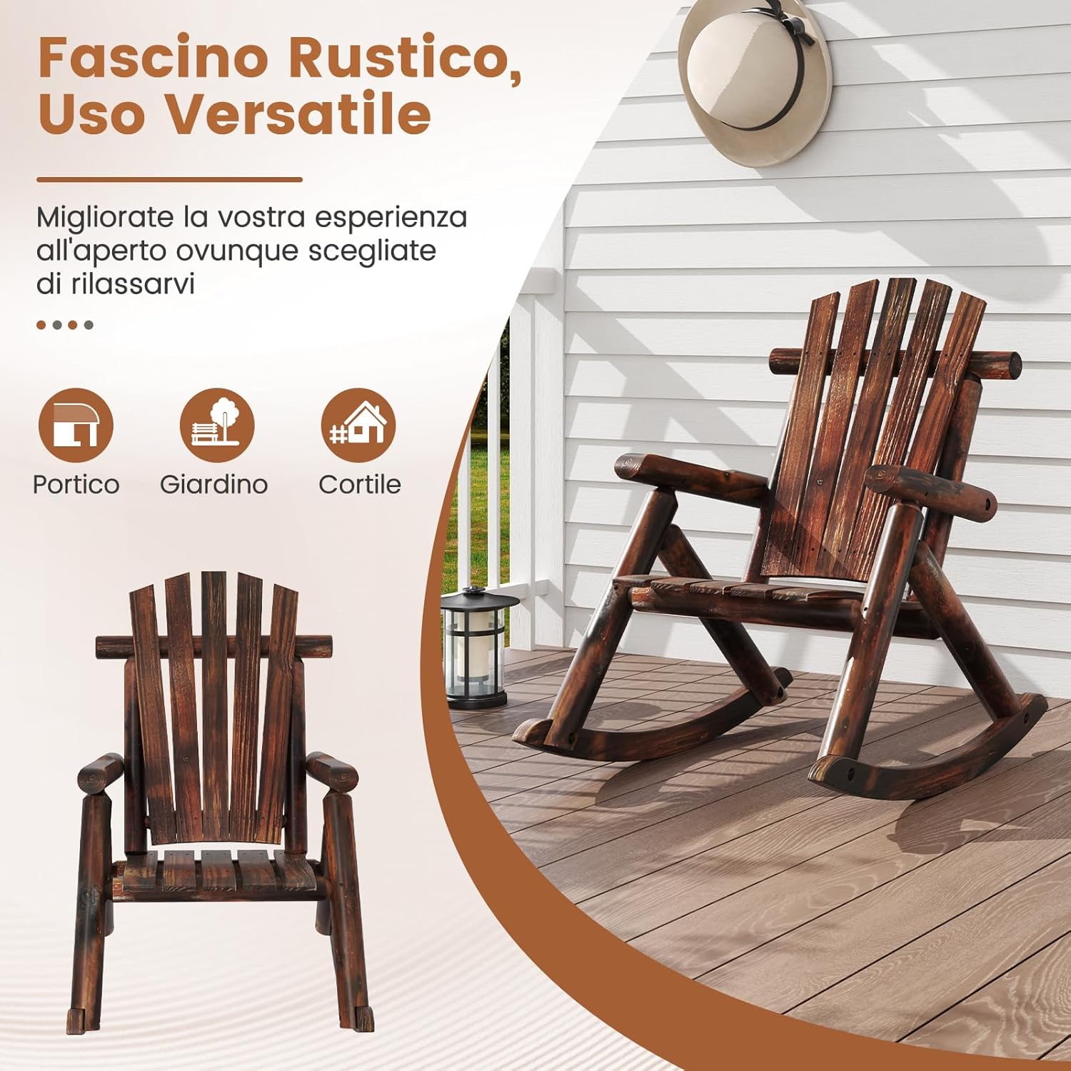 Sedia a Dondolo Adirondack da Esterno, Poltrona da Relax in Legno Giardino, Schienale Alto e Seduta a Doghe, Sedia da Patio per Balcone Cortile, Portata 150 kg