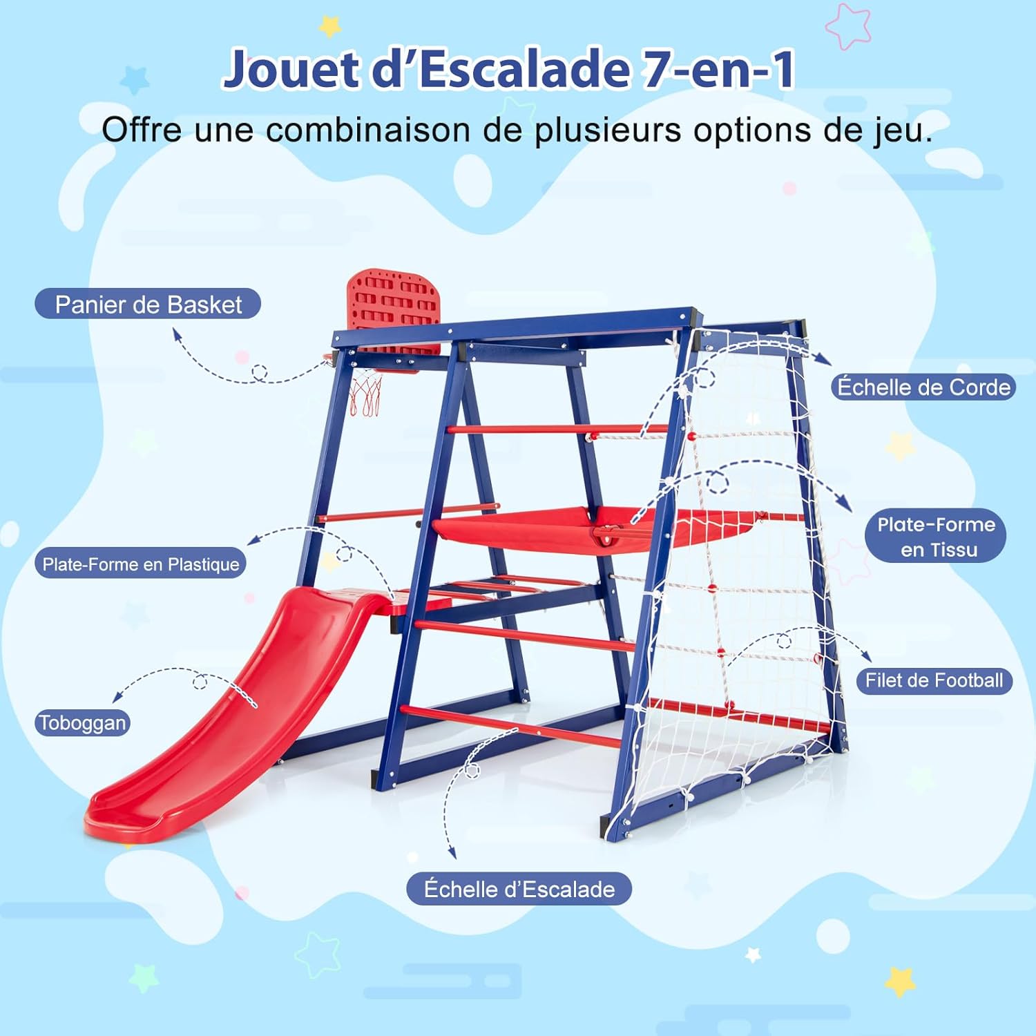 7 in 1 Parco giochi Arrampicata Bambino con Scivolo & Cestino da Pallacanestro, Giocattolo Arrampicata Montessori con 2 Piattaforma, Interno Esterno, Carico 120kg per Bambini 3-7 Anni