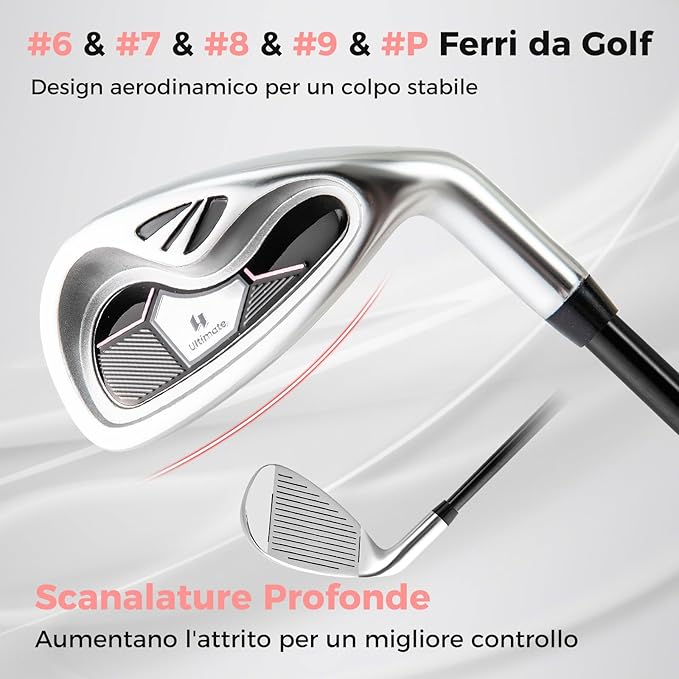 Set Completo di Mazze da Golf da Dona, Include Driver 460CC 1, Fairway 3, Ibrido 4, Ferri 6, 7, 8, 9 e P, Putter, 3 Copri Mazzetta e 1 Borsa per Destrimano