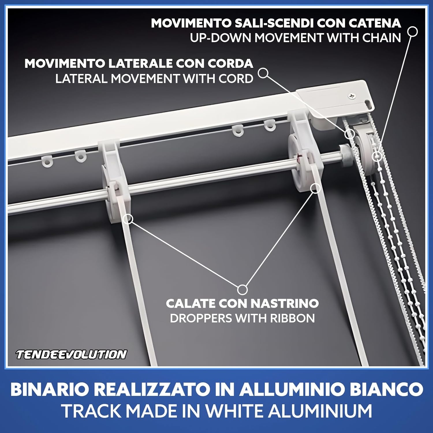 Bastone Tenda a Pacchetto Con Doppio Movimento, Binario Con Apertura Centrale a 10 Calate Lunghezza 280 CM Comando a sinistra, Attacco Parete