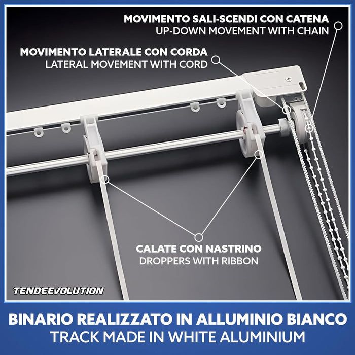 Binario Bastone Tenda a Pacchetto Con Doppio Movimento Apertura Laterale Con 7 Calate Lunghezza 280 CM Comando e ammasso destro, Attacco Parete