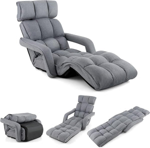 Poltrona Salotto da Terra, Sedie Pieghevoli Imbottita Chaise Longue Reclinabile in 5 Posizioni, con Regolabili Braccioli Schienale, per Yoga Relax Meditazione, 195x73x19 cm(Grigio)