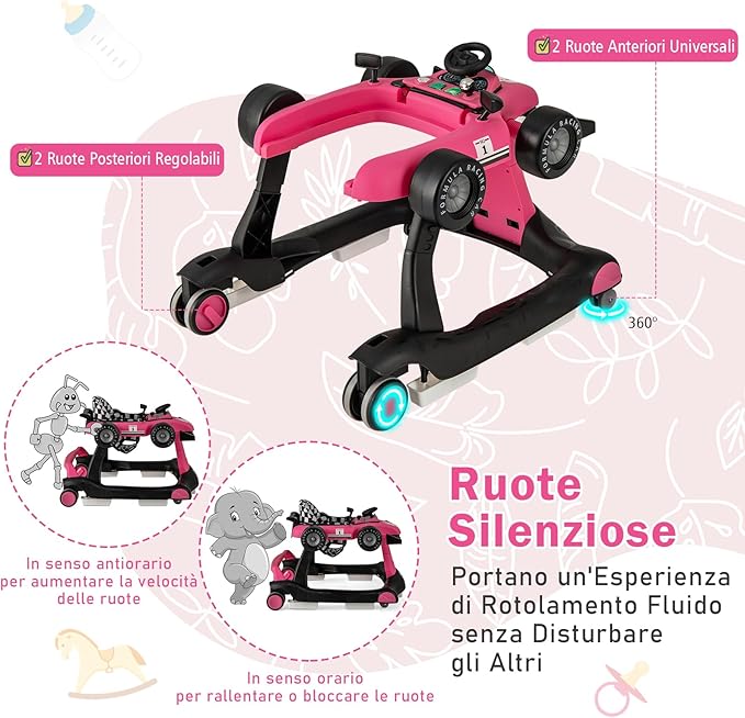 Girello per Bambini 4 in 1, Girello Pieghevole con Altezza e Velocità Regolabili, Carillon con Luci, Volante e Sedile, Primi Passi per Bambini 6-18 Mesi, Portata 15 kg (Rosa Scruro)