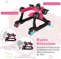 Girello per Bambini 4 in 1, Girello Pieghevole con Altezza e Velocità Regolabili, Carillon con Luci, Volante e Sedile, Primi Passi per Bambini 6-18 Mesi, Portata 15 kg (Rosa Scruro)
