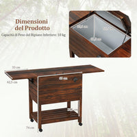 Carrello Porta Ghiaccio in Legno, Carrello Refrigerante per Bevande da 51 L con Ripiani, Ruote Universali Bloccabili e Apribottiglie, Frigorifero Portavivande per Feste, Piscina e Terrazza