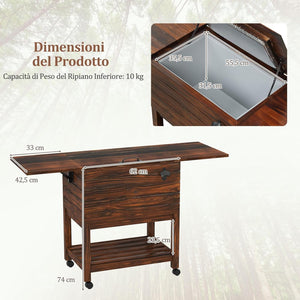 Carrello Porta Ghiaccio in Legno, Carrello Refrigerante per Bevande da 51 L con Ripiani, Ruote Universali Bloccabili e Apribottiglie, Frigorifero Portavivande per Feste, Piscina e Terrazza