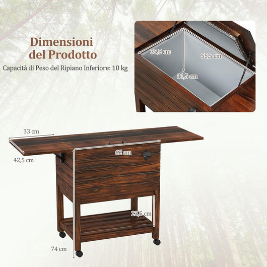 Carrello Porta Ghiaccio in Legno, Carrello Refrigerante per Bevande da 51 L con Ripiani, Ruote Universali Bloccabili e Apribottiglie, Frigorifero Portavivande per Feste, Piscina e Terrazza