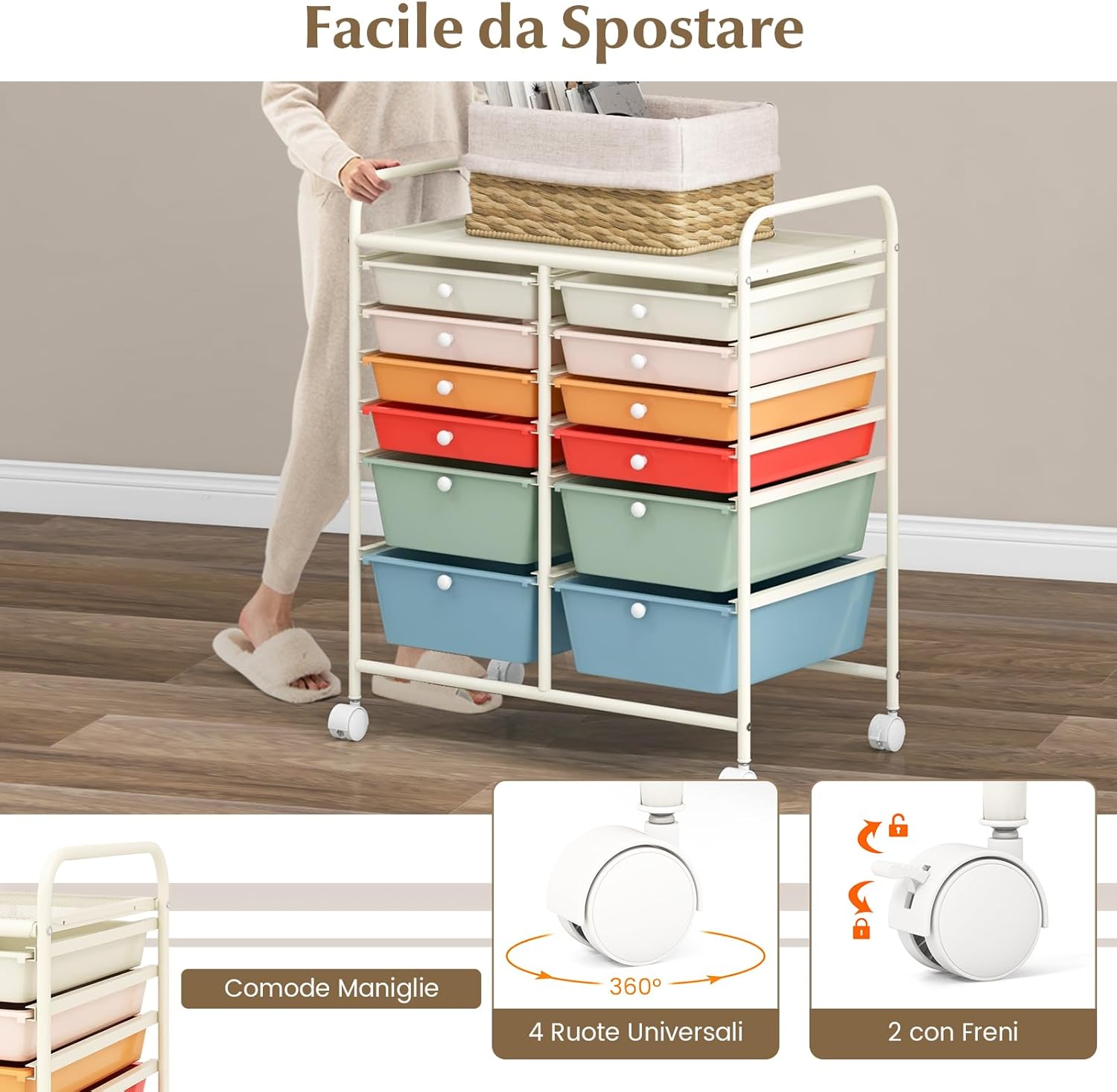 Carrello con 12 Cassetti con Ruote, Carrello di Stoccaggio Multiuso con Ampio Spazio di Archiviazione, Ideale per Casa Ufficio Domestico, 73,5 x 37 x 63 cm (Multicolore)