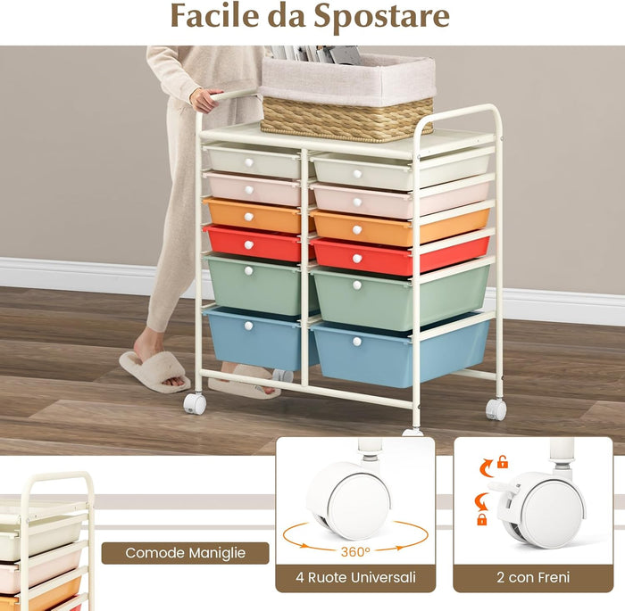 Carrello con 12 Cassetti con Ruote, Carrello di Stoccaggio Multiuso con Ampio Spazio di Archiviazione, Ideale per Casa Ufficio Domestico, 73,5 x 37 x 63 cm (Multicolore)