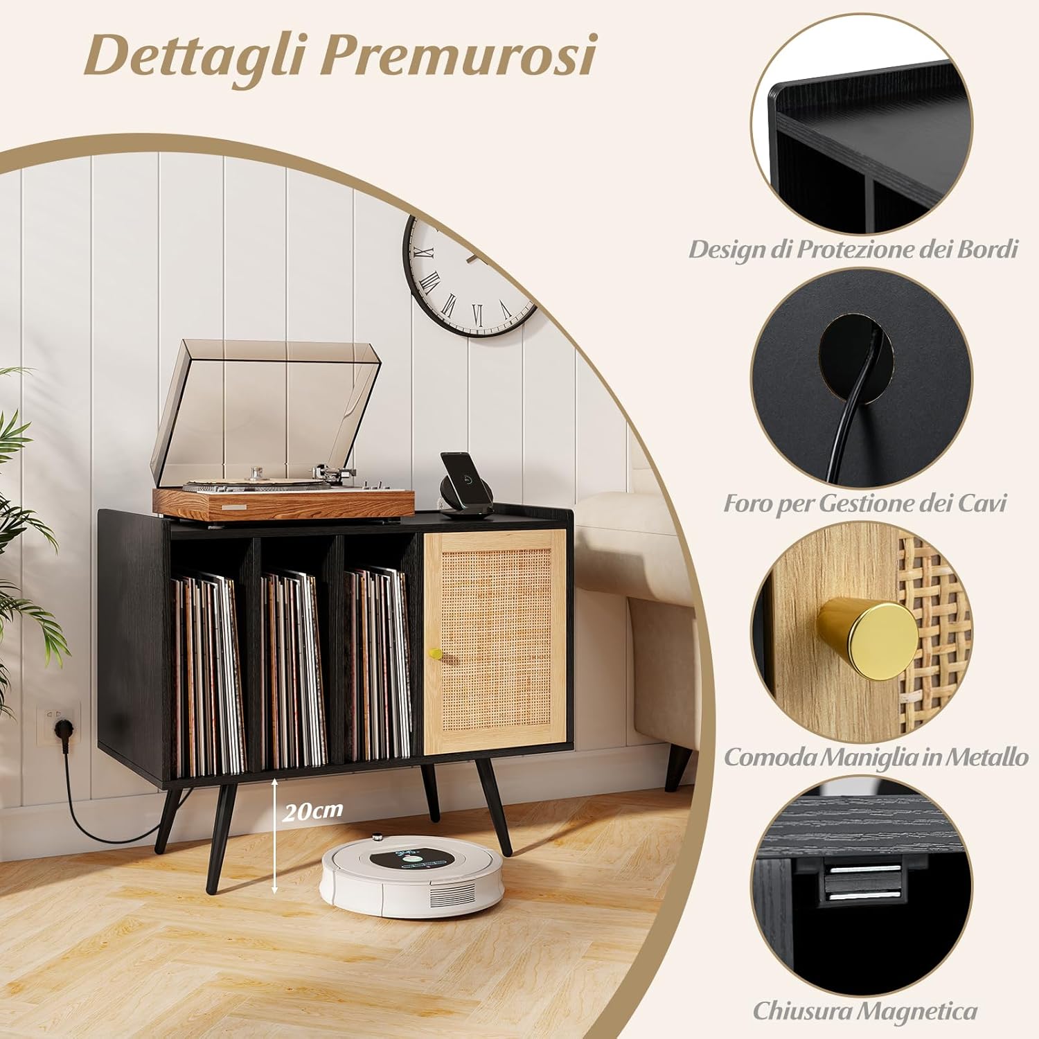 Supporto per Giradischi con Stazione di Ricarica, Credenza per Giradischi con Armadietto di Rattan, Mensole Regolabile, per 220 Album, Mobile Cucina Salvaspazio per Vinile (Nero)