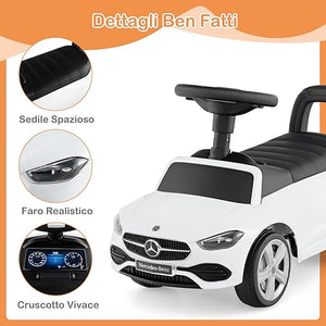 Mercedes Benz Macchinina Cavalcabile a Spinta per Bambini, Auto da Gioco con Volante Clacson e Suono, Spazio di Archiviazione, Auto a Spinta per bambini 1-3 Anni (Bianco)