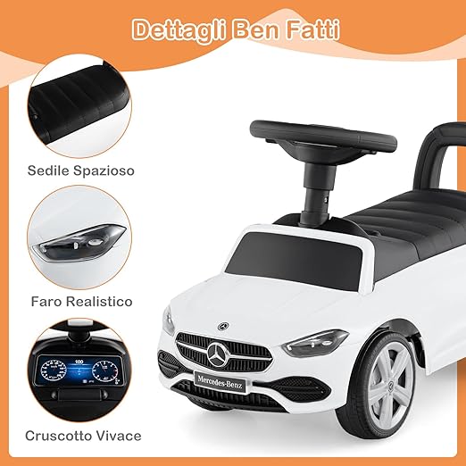 Mercedes Benz Macchinina Cavalcabile a Spinta per Bambini, Auto da Gioco con Volante Clacson e Suono, Spazio di Archiviazione, Auto a Spinta per bambini 1-3 Anni (Bianco)