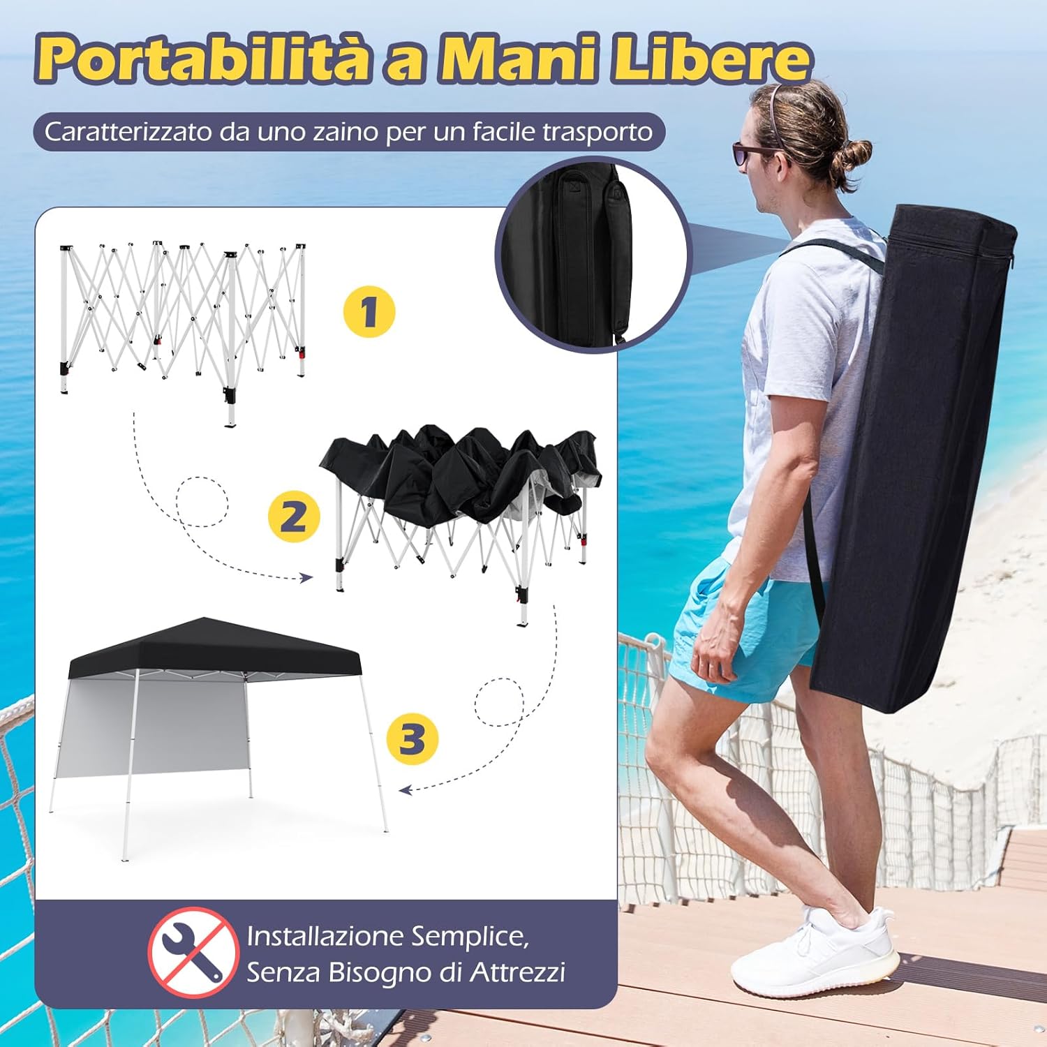 Gazebo Pop-up da Esterno 3 x 3 m, Gezebo Pieghevole con 1 Parete Laterale, Zaino Portatile e 4 Picchetti, Tendone Impermeabile e Resistente per Campeggio e Feste (Nero)