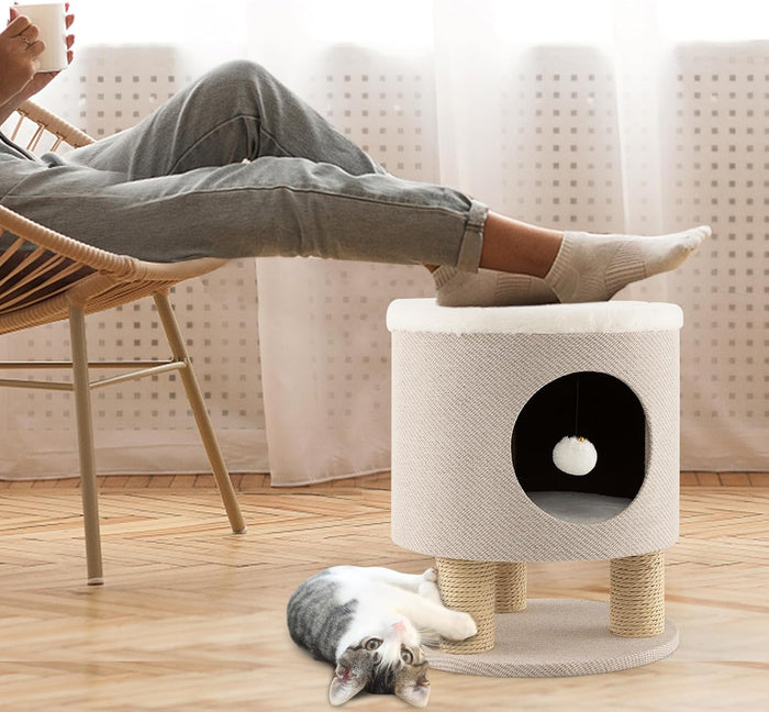 Casetta per Animali Domestici, Cuccia per Gatti con Pali Tiragraffi e Pallina di Peluche, Mobile Multiuso 3-IN-1 per Gatti Piccoli e Medi (Beige)