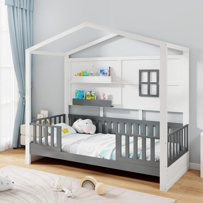 Letto montessori a terra con 2 ripiani e paracolpi-Letto a forma di casa con finestra e recinzione Bianco e Grigio