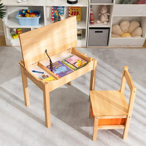 Set Tavolo e Sedia per Bambini, Scrivania Ribaltabile con Sedia per Bambini in Legno, con Cassetto e Gancio Estraibile, Bianco/Naturale (Naturale)