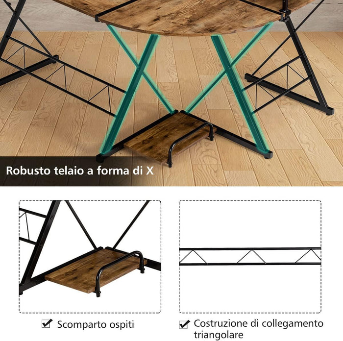 Scrivania Angolare di Metallo e Legno, Scrivania per Computer con Alzata per Monitor e Ripiano, Scrivania Moderna e Salvaspazio per Casa e Ufficio, Brown