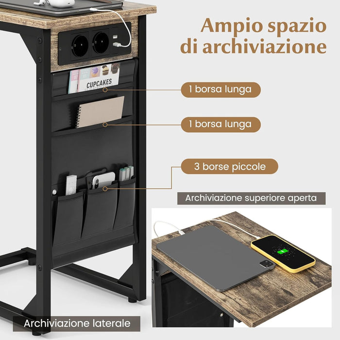 Set di 2 Tavolini a Forma di C, Tavolino da Divano e Letto in Metallo con 2 Prese Elettriche, 2 Porte USB e Tasca Laterale, Comodino per Piccoli Spazi, Salotto e Camera da Letto
