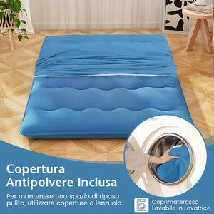 Materasso Futon Pieghevole, Materasso Portatile con Sacca da Trasporto per Camping, Materasso da Terra con Copertura Lavabile (200 x 140 cm, Blu)