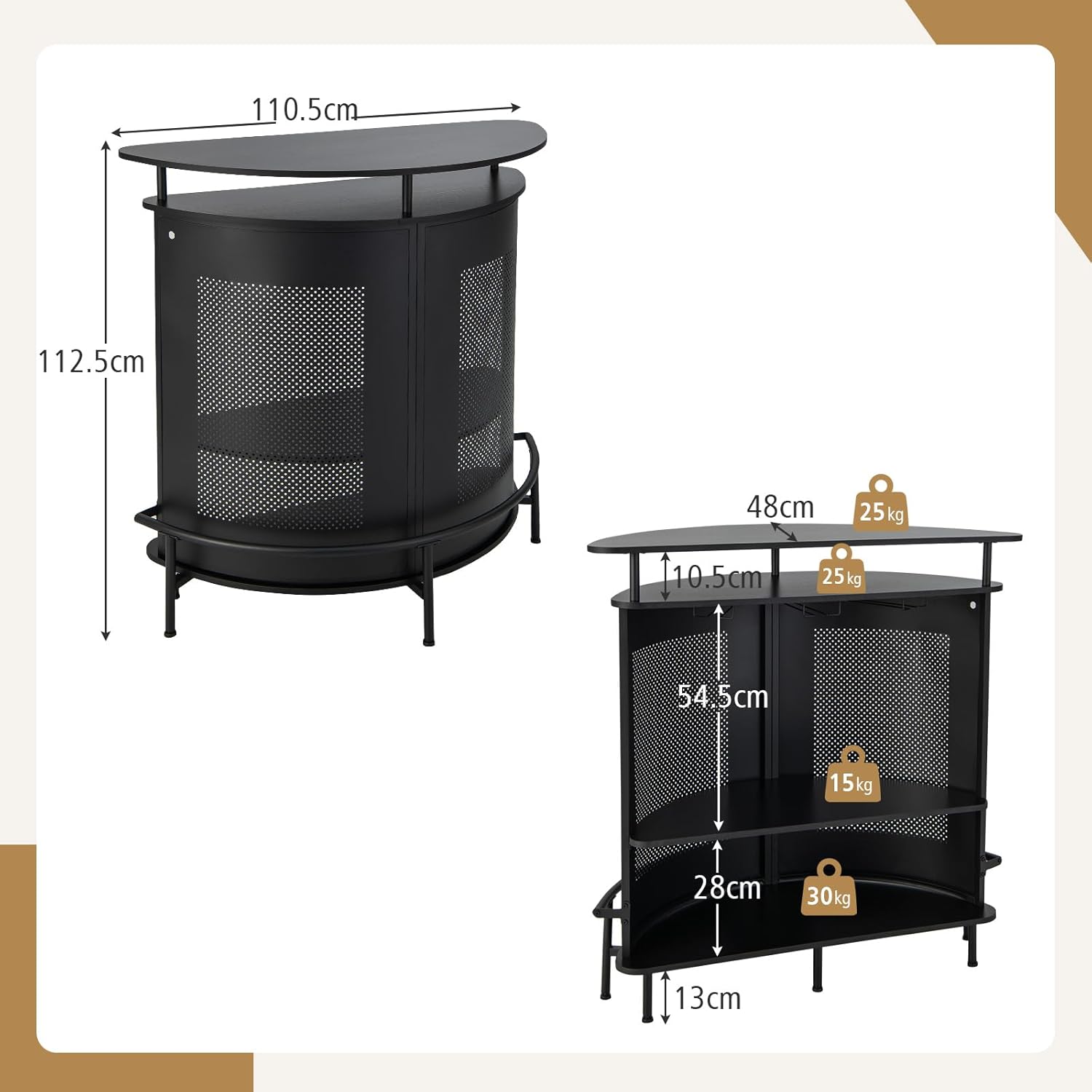 COSTWAY Tavolo Bar Semicircolare 110,5 x 48 x 112,5cm, Bancone Bar a 4 Ripiani con Scaffali di Stoccaggio e 3 Supporti per Calici, Piano Curvo, Fronte in Metallo Perforato e Poggiapiedi, Nero