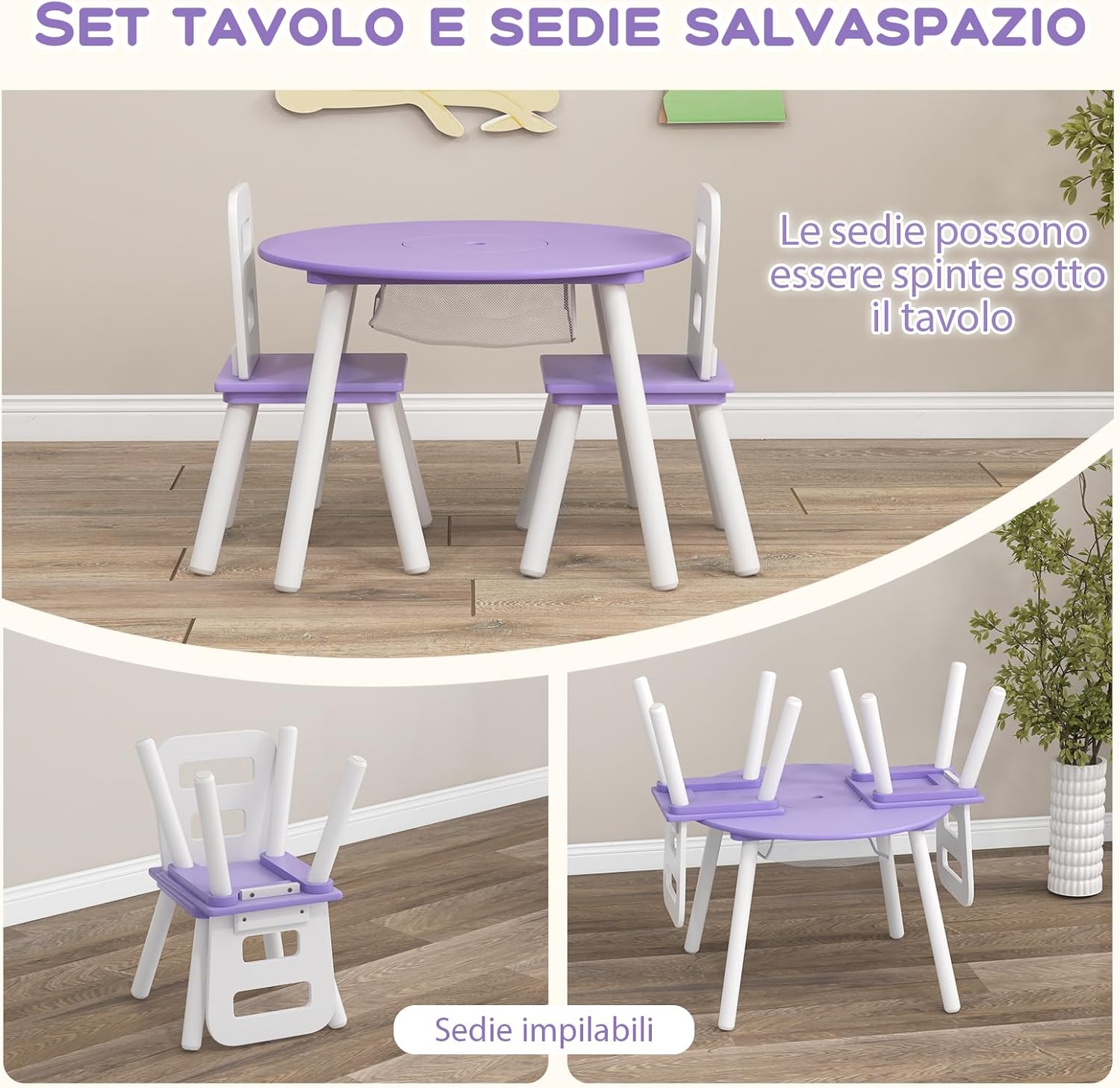 Set Tavolo Rotondo con 2 Sedie per Bambini, Set 3 Pezzi con Tavolo Attività di Legno, con Borsa a Rete, Mobile per Camera da Letto Sala Giochi per Bambini (Viola)