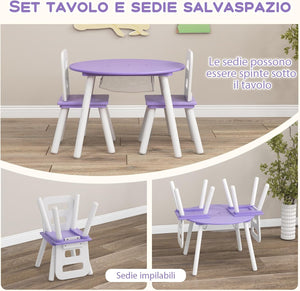 Set Tavolo Rotondo con 2 Sedie per Bambini, Set 3 Pezzi con Tavolo Attività di Legno, con Borsa a Rete, Mobile per Camera da Letto Sala Giochi per Bambini (Viola)