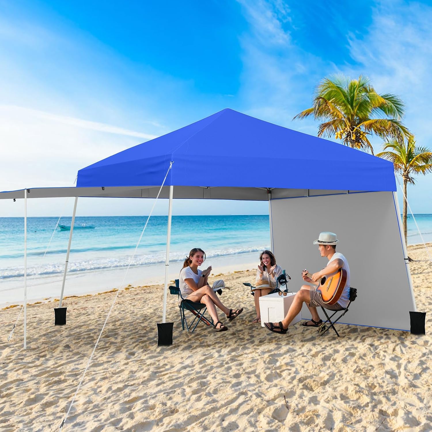 Gazebo Pieghevole 430 x 280 cm, Gazebo da Esterno con Pareti Laterali Convertibili in Tenda da Sole, 8 Picchetti, 4 Corde Antivento, Tendone Impermeabile per Feste (Blu)