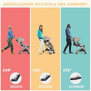 Passeggino Leggero per Bambini, Carrozzina con Schienale Regolabile, Passeggino Pieghevole con Ruote Universali, Sacco a fondo,per Bambini 0-36 Mesi, Portata 15 kg(Grigio)