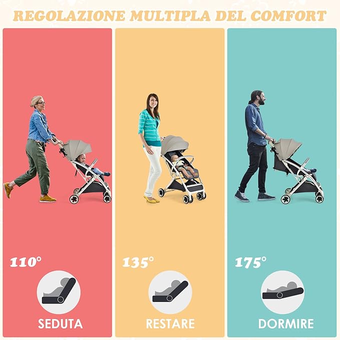Passeggino Leggero per Bambini, Carrozzina con Schienale Regolabile, Passeggino Pieghevole con Ruote Universali, Sacco a fondo,per Bambini 0-36 Mesi, Portata 15 kg(Grigio)